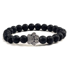 Adjustable Paw Print Charm Bracelet - Natural Matte Black Lava Stone - Valentine's Gift